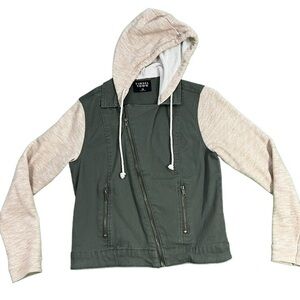 Juniors Size Medium Tinsel Town Army Green Jacket With Sweatshirt Sleeves & Hood